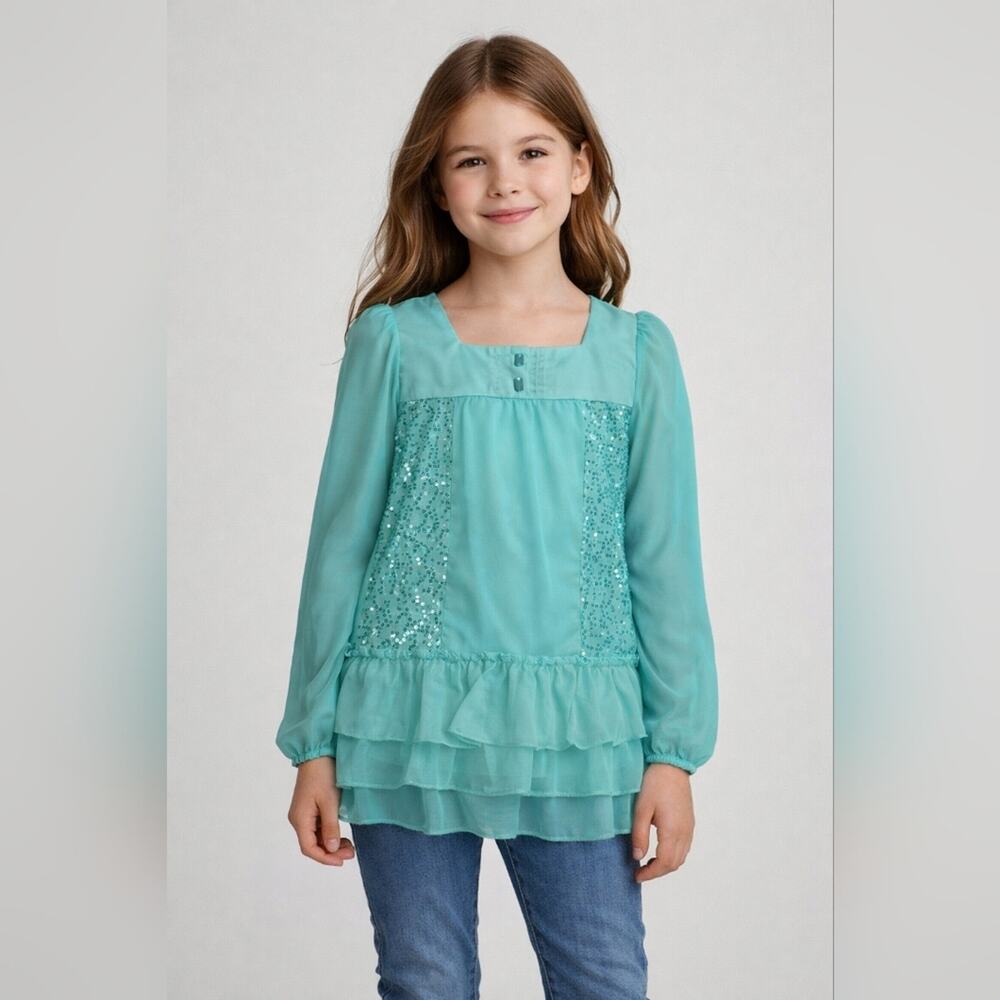 Jona Michelle Girls Teal Sequin Ruffle Long Sleeve Top Size 10
